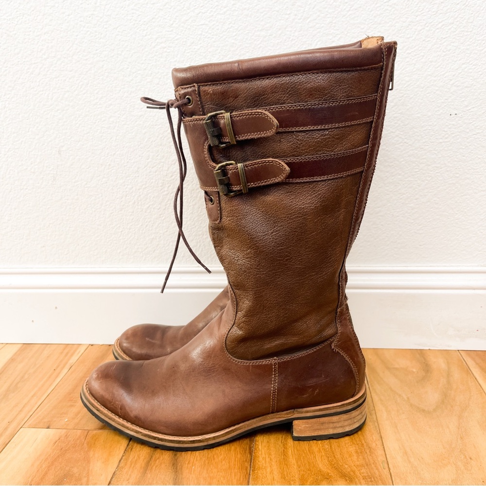 Lucchese Brown Leather Mid-Calf Buckle Heeled Boots